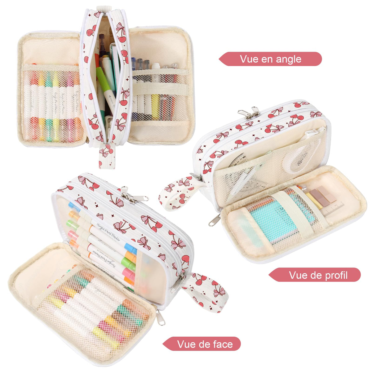 BuyCard Large Capacity Pencil Case, White With Pink Cherry Pattern, Corduroy Pencil Bag with Zipper Closure, Graduation Gift Office Stationery Storage Pen Pouch for Classroom Teacher