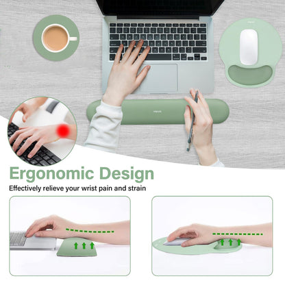 MOSISO Wrist Rest Support for Mouse Pad&Keyboard Set, Circle Curved Ergonomic Mousepad&Coaster Non-Slip Base Home/Office Pain Relief&Easy Typing Pad with Soft Cloth&Raised Memory Foam, Antique Green