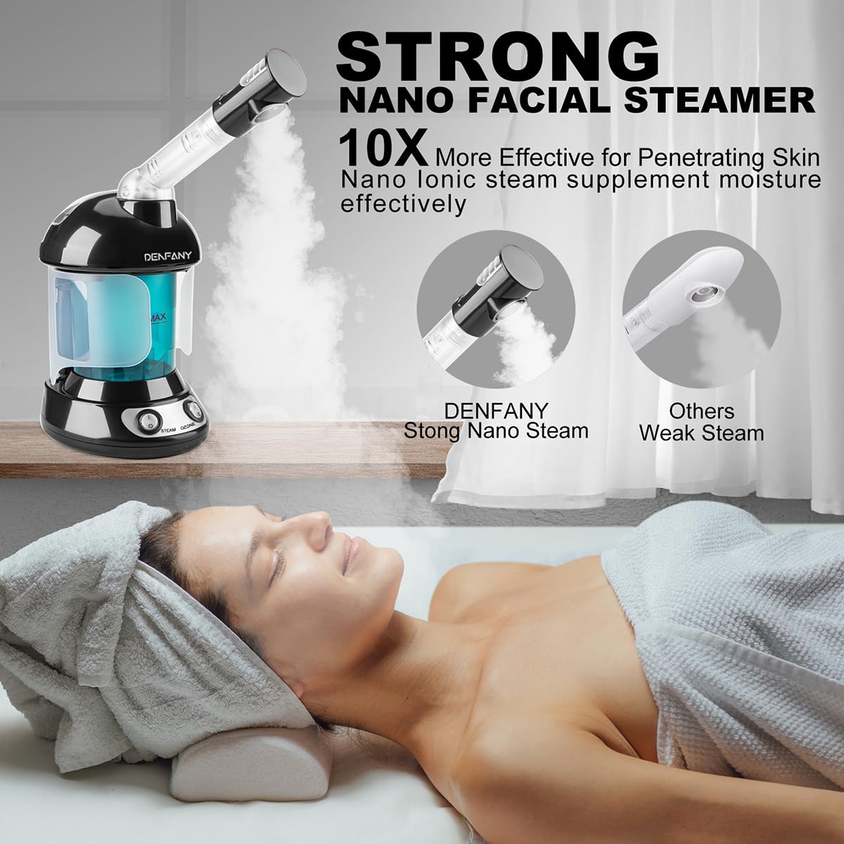 Facial Steamer - DENFANY Nano Ionic Face Steamer with Extendable 360° Rotating Arm - Portable Facial Steamer for Personal Care at Home or Salon (Blue)