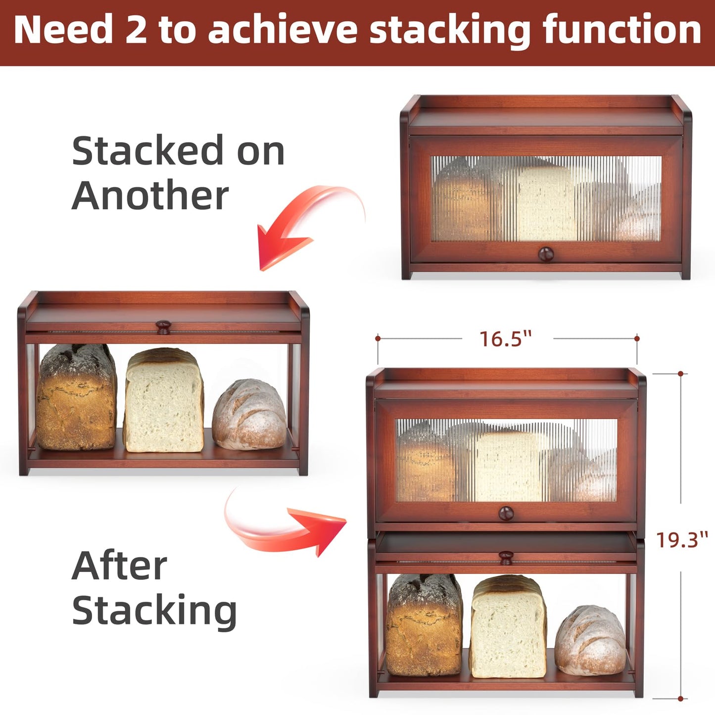 BAMBANG Bamboo Bread Box for Kitchen Countertop, Extra Large Farmhouse Bread Box with 4-Side Clear Panels, Wooden Bread Storage Container for Homemade Bread, Brown