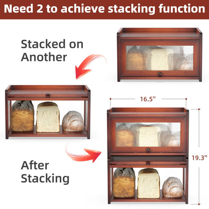 BAMBANG Bamboo Bread Box for Kitchen Countertop, Extra Large Farmhouse Bread Box with 4-Side Clear Panels, Wooden Bread Storage Container for Homemade Bread, Brown