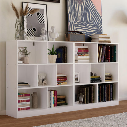NewBeth 7-Cube Wooden Bookcase,3-Tier Freestanding Storage Cubes with Base,Multi-Purpose Open Shelving for Books,Toys,Bins,Decor – Home Office,Bedroom,Living Room Organizer (White, 7-Cube)