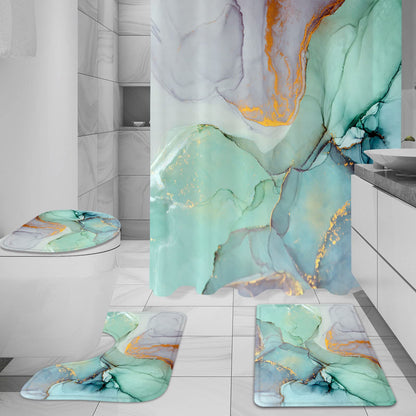 Gibelle 4 Pcs Shower Curtain Set with Non-Slip Rugs Toilet Lid Cover and Bath Mat, Green Marble Bathroom Decor Set with Accessories