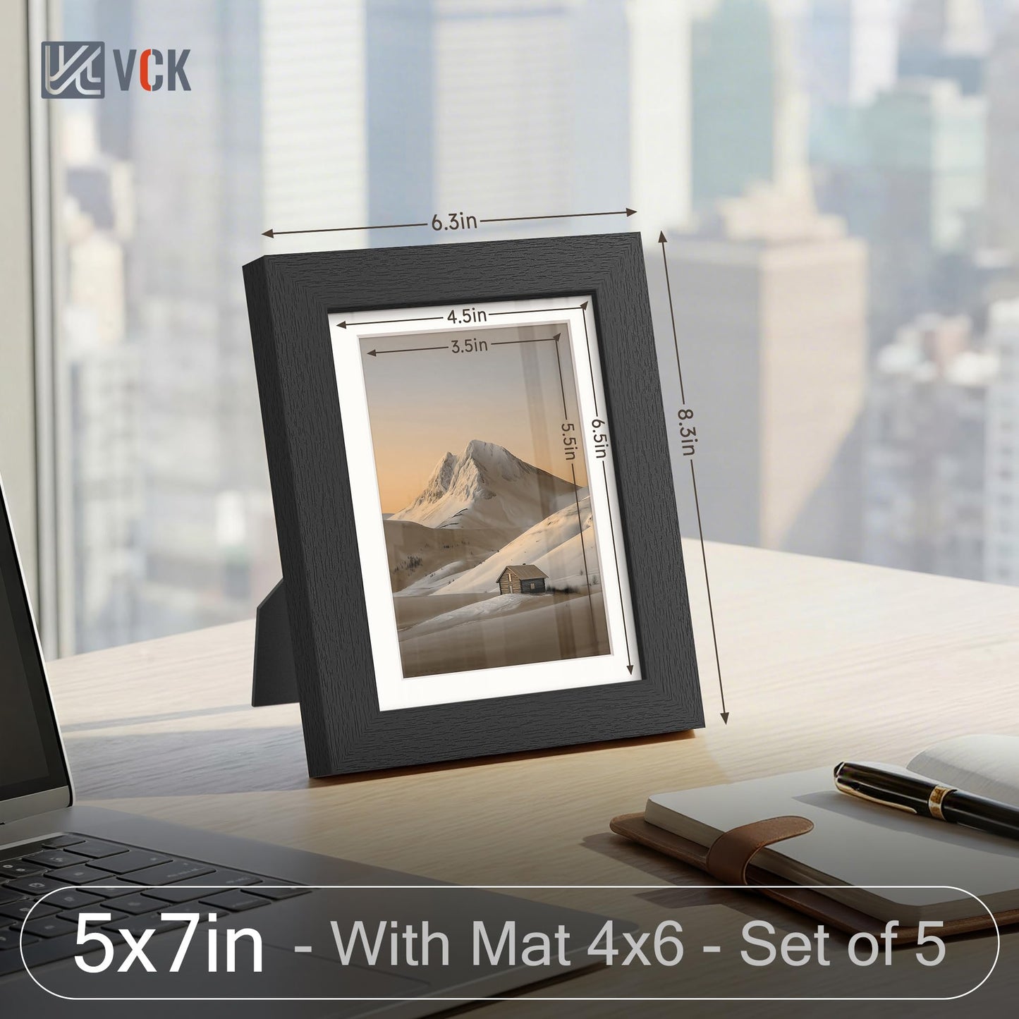 VCK 5x7 Picture Frame Black - 5 Pack, with Tempered Glass, Displays 4x6 Photo with Mat or 5 x 7 Without, for Horizontal/Vertical Tabletop & Wall Hanging in Home, Office, or Gallery