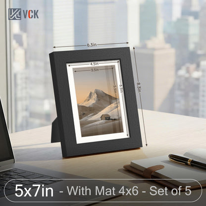 VCK 5x7 Picture Frame Black - 5 Pack, with Tempered Glass, Displays 4x6 Photo with Mat or 5 x 7 Without, for Horizontal/Vertical Tabletop & Wall Hanging in Home, Office, or Gallery