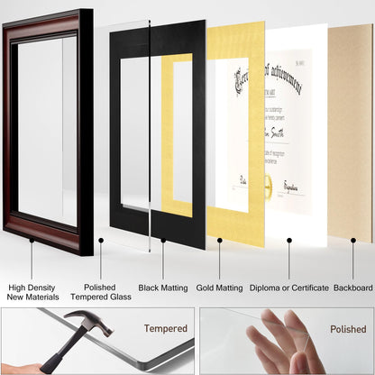 Yaetm 11x14 Diploma Frame, Certificate Frame with Tempered Glass, Display 8.5x11 Document with Black Over Gold Acid-free Mat or 11 x 14 without Mat, Wide Molding (Single, Mahogany)