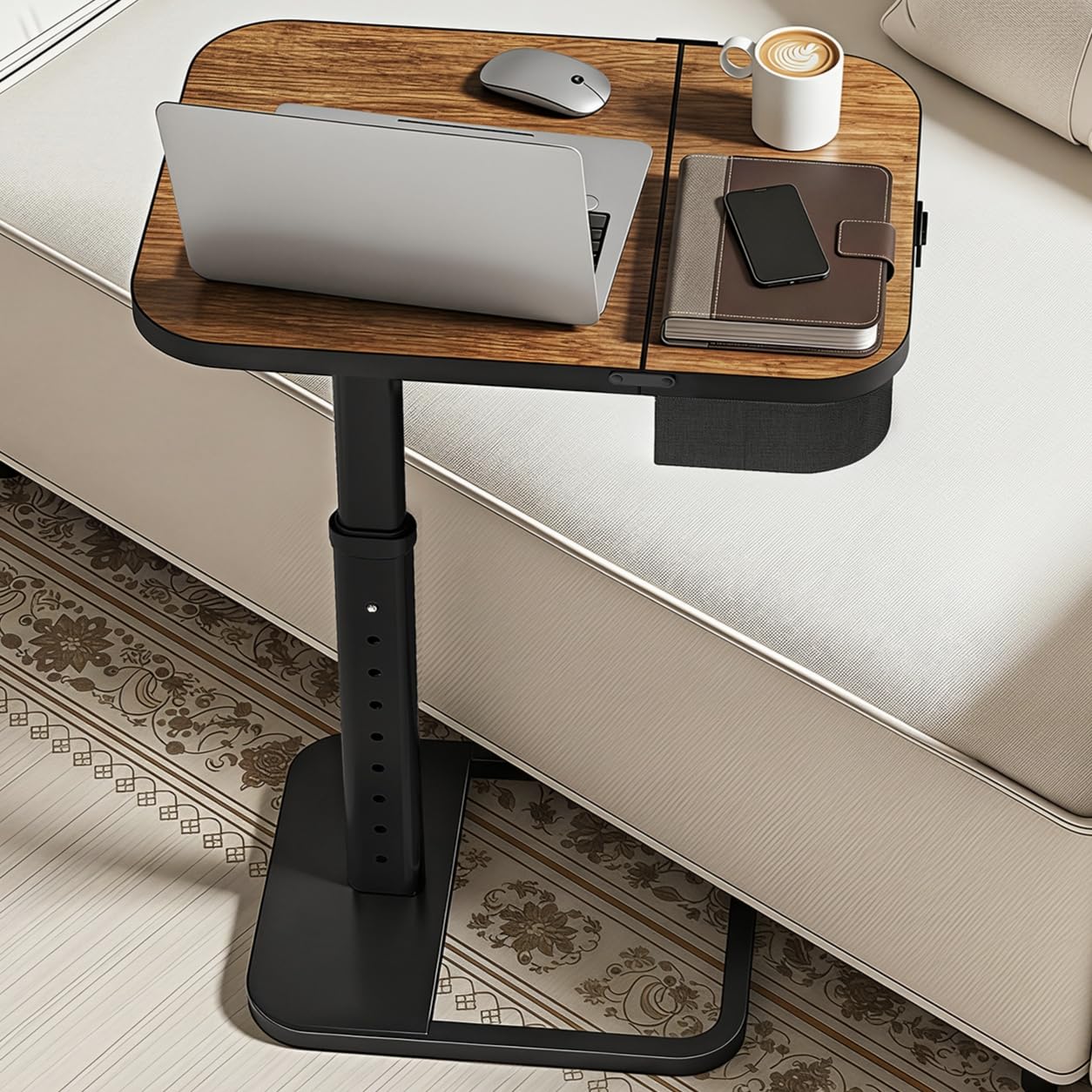 Kitstorack Large TV Tray Table with Flip-Top Storage Compartment for Extra Storage Space, 9 Adjustable Heights TV Trays, Safe Rounded Corners for Living Room, Bedroom, Study, Home Office, Brown