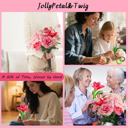 JollyPetal&Twig Pipe Cleaners Craft 5 Colors,Chenille Stems Plush Craft Kit,Pink Pipe Cleaners Flowers Kit with Floral Tape for Wedding Gifts Graduation Bouquet (Pink)