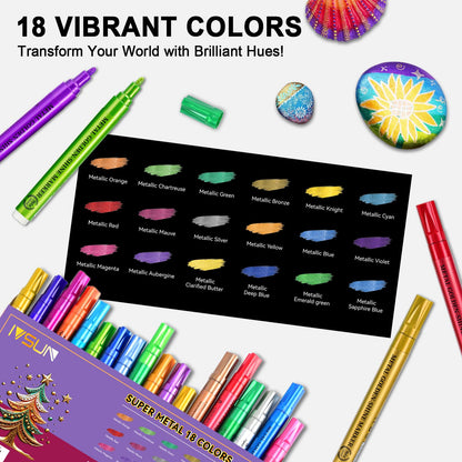 IVSUN Super Golden Metallic Markers, 18 Colors Glitter Acrylic Paint Pens for Black Paper, Rock, Glass, Wood, Scrapbooking, Photo Albums, Card Making, DIY Crafts Supplies, Easter Basket Stuffers