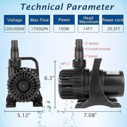 WaterRebirth (1700GPH-120W,UL listed) Large Fountain Submersible Water Pond Sump Pump Aquarium Electric Waterfall Pump Outdoor PS-1700