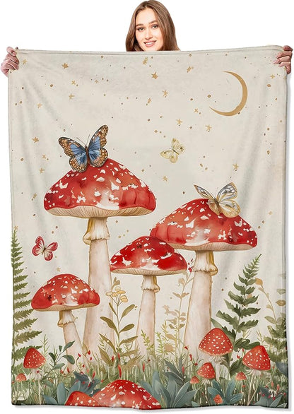 Red Mushroom Blanket Enchanting Forest Throw Blankets with Butterfly,Birthday Gifts for Girls Women & Nature Lovers,Lightweight Soft Fleece,for Sofa Couch Bed Room Fairy Tale Decor 40x50in