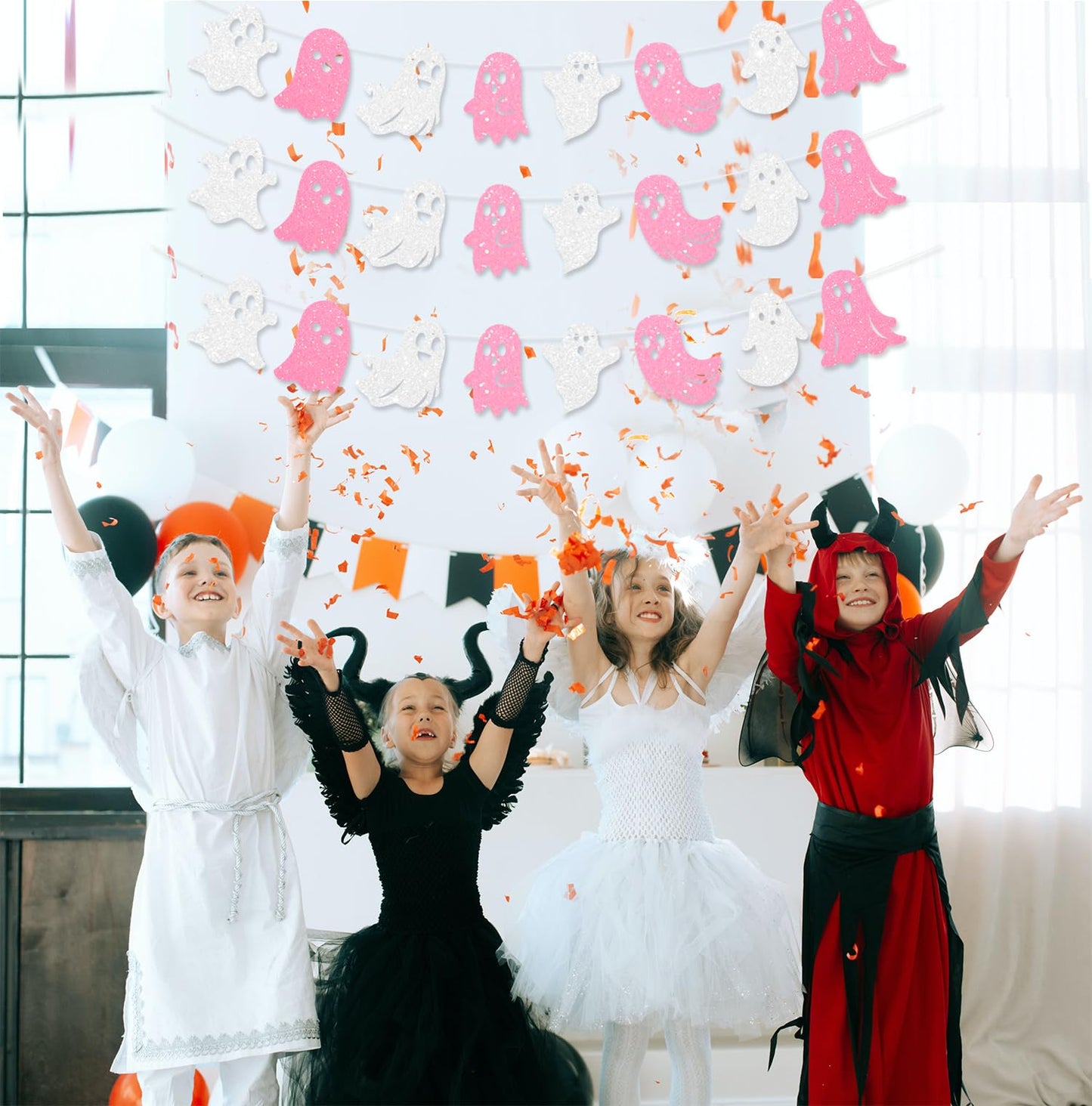 JKQ 3 Pack Glitter Halloween Ghost Banner White Pink Glittery Happy Halloween Party Ghost Hanging Decorations for Haunted Houses Indoor Outdoor Home Wall Mantle Fireplace Mansion Party Supplies