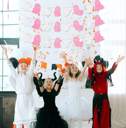 JKQ 3 Pack Glitter Halloween Ghost Banner White Pink Glittery Happy Halloween Party Ghost Hanging Decorations for Haunted Houses Indoor Outdoor Home Wall Mantle Fireplace Mansion Party Supplies