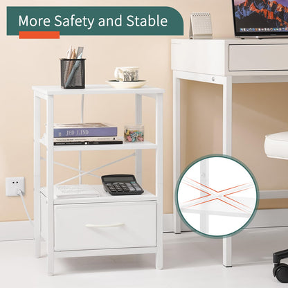Yoobure White Night Stand with Charging Station, LED Nightstand for Bedroom, Bedside Tables with Adjustable Fabric Drawer, 3-Tier End Table Living Room, Small Side Table with Storage