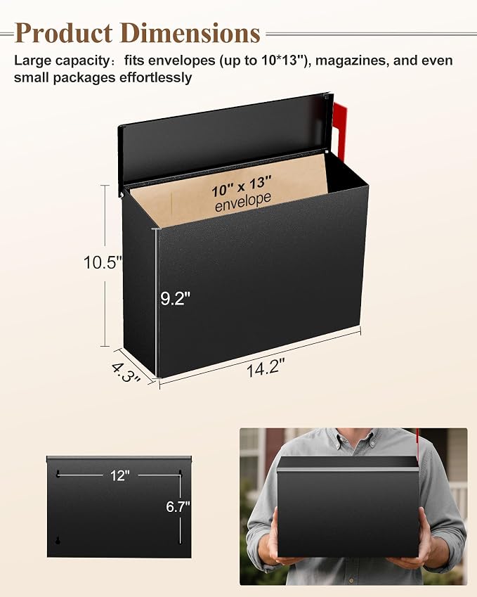 Wall-Mount Mailbox for Outside, Large Capacity Rust-Proof Mail Box with Stay-Open Lid & Red Flag Kit, Galvanized Steel Weather-Resistant Post Box for House Outside, 10.5"x4.3"x14.2", Black