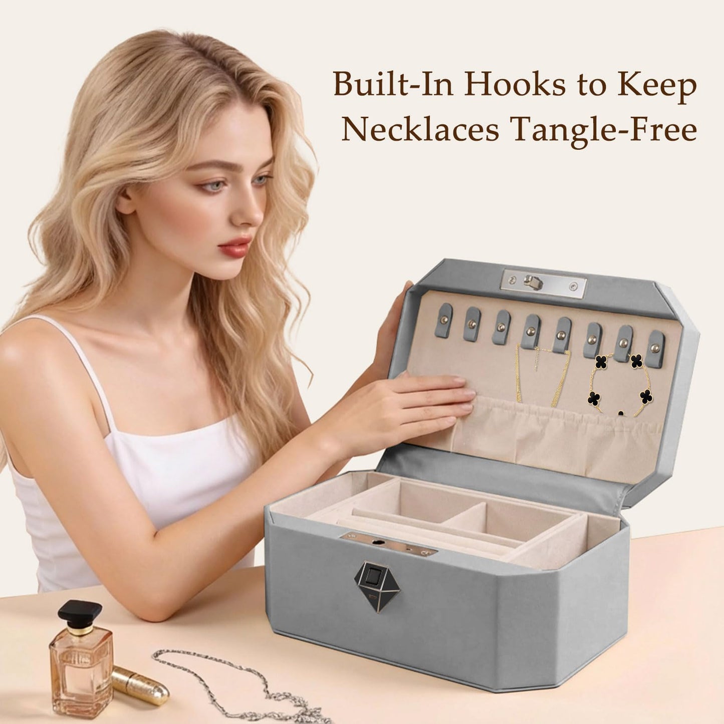 XPEDITION Biometric Fingerprint Lock Jewelry Safe Box Leather-Wrapped Two-Tier Jewelry Box with Quick Access & Keyless Entry, Steel-Reinforced Construction, Perfect for Home Use
