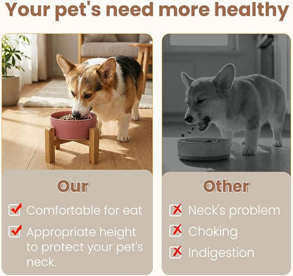 hjn Elevated Ceramic Dog Bowl with Bamboo Stand, Raised Pet Feeding Station for Small Medium Dogs Cats, Modern Design with Anti-Slip Base (Deep Pink, 3.6Cup)