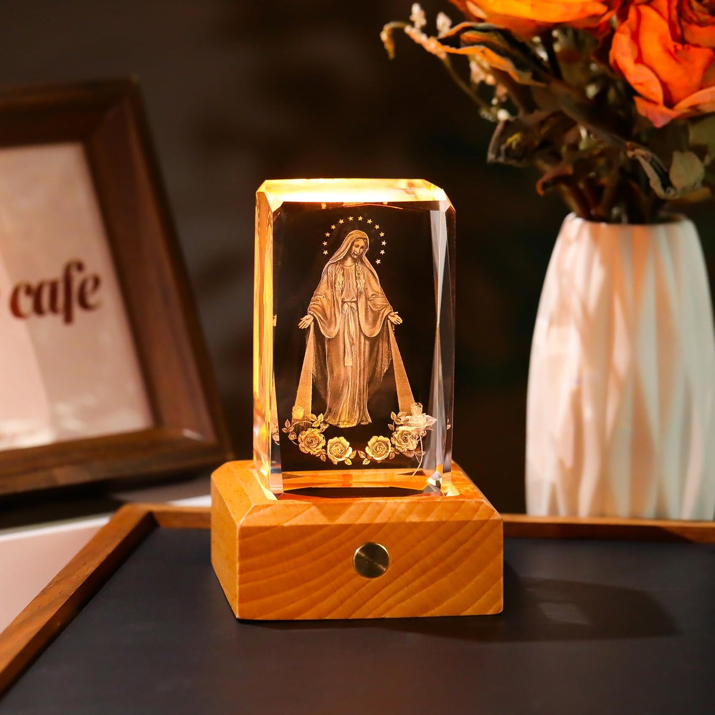 3D Crystal Virgin Mary Figurines Religious Gifts for Women Men, Glass Blessed Mother Christian Cube for Room with Wooden Light Base, Collectible Keepsake for Catholic on Christmas Home Decor