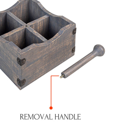 GoCraft Square Wooden Flatware & Silverware Caddy - 4 Divided Compartments, Grey Washed Mango Wood Utensil Holder with Detachable Handle Rod, Stylish Kitchen Storage Organizer for Home & Dining