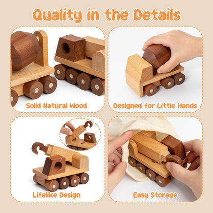 kienvy Wooden Toy Cars for 3 Year Old Boys & Girls - Construction Vehicles Set Push Toys for Toddlers, Wood Montessori Car with Rolling Wheels, Natural Wood Toys (Crane & Concrete Mixer Truck)
