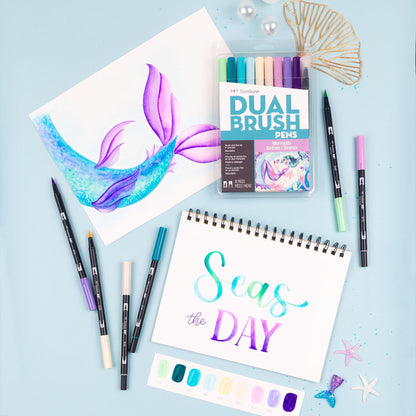 Tombow 56256 Dual Brush Pen Art Markers, Mermaids, 10-Pack, Water-Based Ink, for Hand Lettering, Watercolor, Fine Art, Illustrations