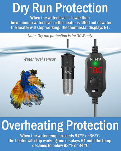 AquaMiracle Mini Aquarium Heater 20W Small Fish Tank Heater for 2-4 Gal Tanks, Digital Display Thermostat Betta Heater with Dry-Run & Overheat Protection, Memory Function