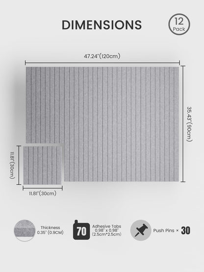 Bumusty Large Cork Board Alternative-48 x 36" Felt Bulletin Board Tiles, with 30 Pushpins, 70 Adhesive Tabs, Fine-Stripe 12-Pack, Cork Boards for Office Push Pin Board Felt Board-Soft Gray
