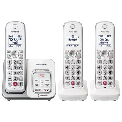 Panasonic Cordless Phone with Answering Machine, Link2Cell Bluetooth Home Phones, Voice Assistant and Advanced Call Blocking, Expandable System with 3 Handsets - KX-TGD863W (White)