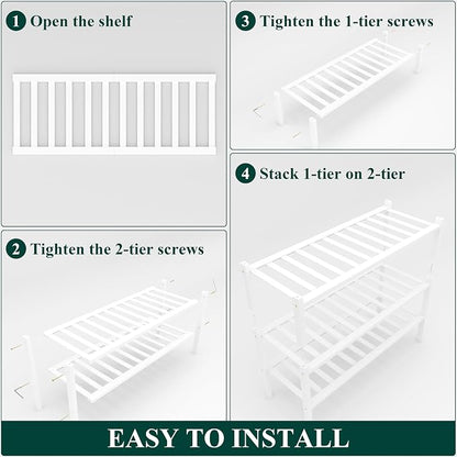 Smiry Bamboo Shoe Rack, 3 Tier Free Standing Wooden Shoe Organizer, Stackable Wood Shoe Storage Shelf for Closet, Entryway, 12 Vertical Slats, 2+1 Stack Standard Legs, 26.8"x11"x19.5", White