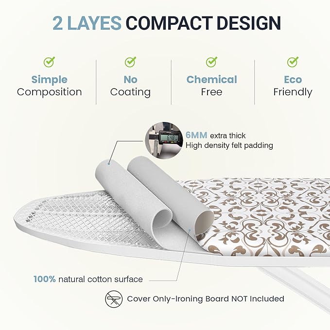 Ironing Board Cover and Pad 18"x54" Extra Thick Natural Cotton, Scorch and