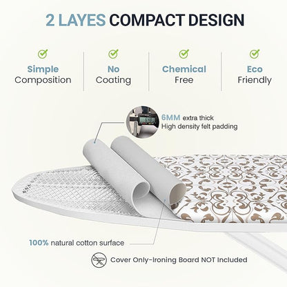 Ironing Board Cover and Pad 18"x54" Extra Thick Natural Cotton, Scorch and