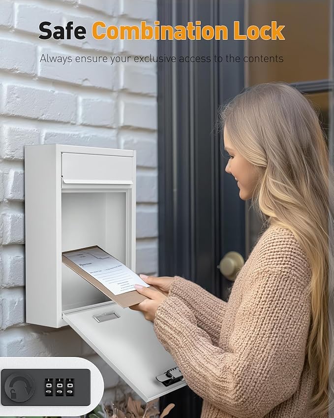 Uniclife Wall Mount Mailbox for Outside, Large Locking Mailbox with Combination Lock, Security Mail Box for House, Safe Key Drop Box, Post Box, Steel Cash Drop Box for Home Office School, White