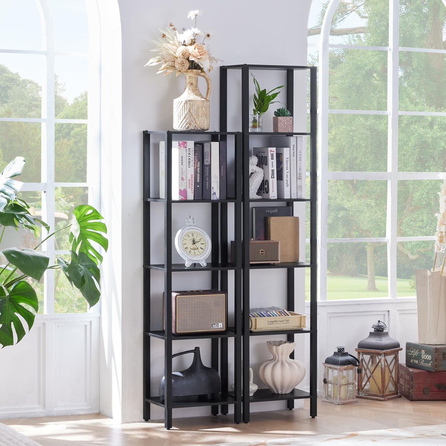 YUFAM 54in Tall Bookshelf 5-Tier Small Narrow Bookcase, Skinny Book Shelf for Small Space, Farmhouse Slim Shelf with Storage, Wood Freestanding Display Thin Bookshelves for Living Room, Office, Black