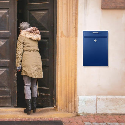 Yaocom Locking Mailbox with Key for Outdoor 16.2 x 11.2 x 4.7 Inches Large Wall Mount Mail Box with Lock Security Mail Drop Metal Collection Boxes Hanging Secure Postbox(Dark Blue)