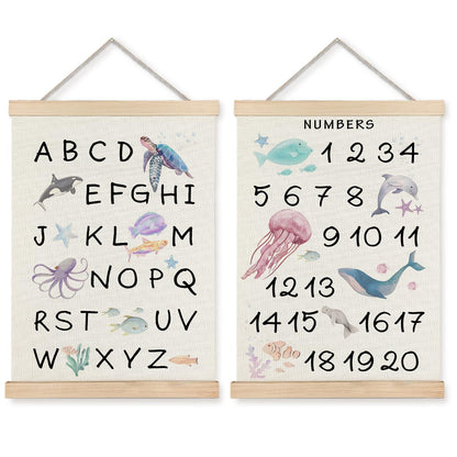 Supwhd Ocean Nursery Decor, Alphabet Numbers Ocean Animals Poster Hanger Frame, Sea Animals ABC 123 Educational Wall Decor for Nursery Kids Room Playroom Classroom Homeschool, 16x24 Set of 2