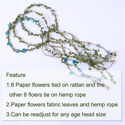 HOPEANT 12PCS Multicolor Flower Crown Floral Headband Wreath Garland Headbands, 16 Pieces Flowers Tie on Ratton and Hemp Rope,Unique Design for Women Wedding Party Photo Props
