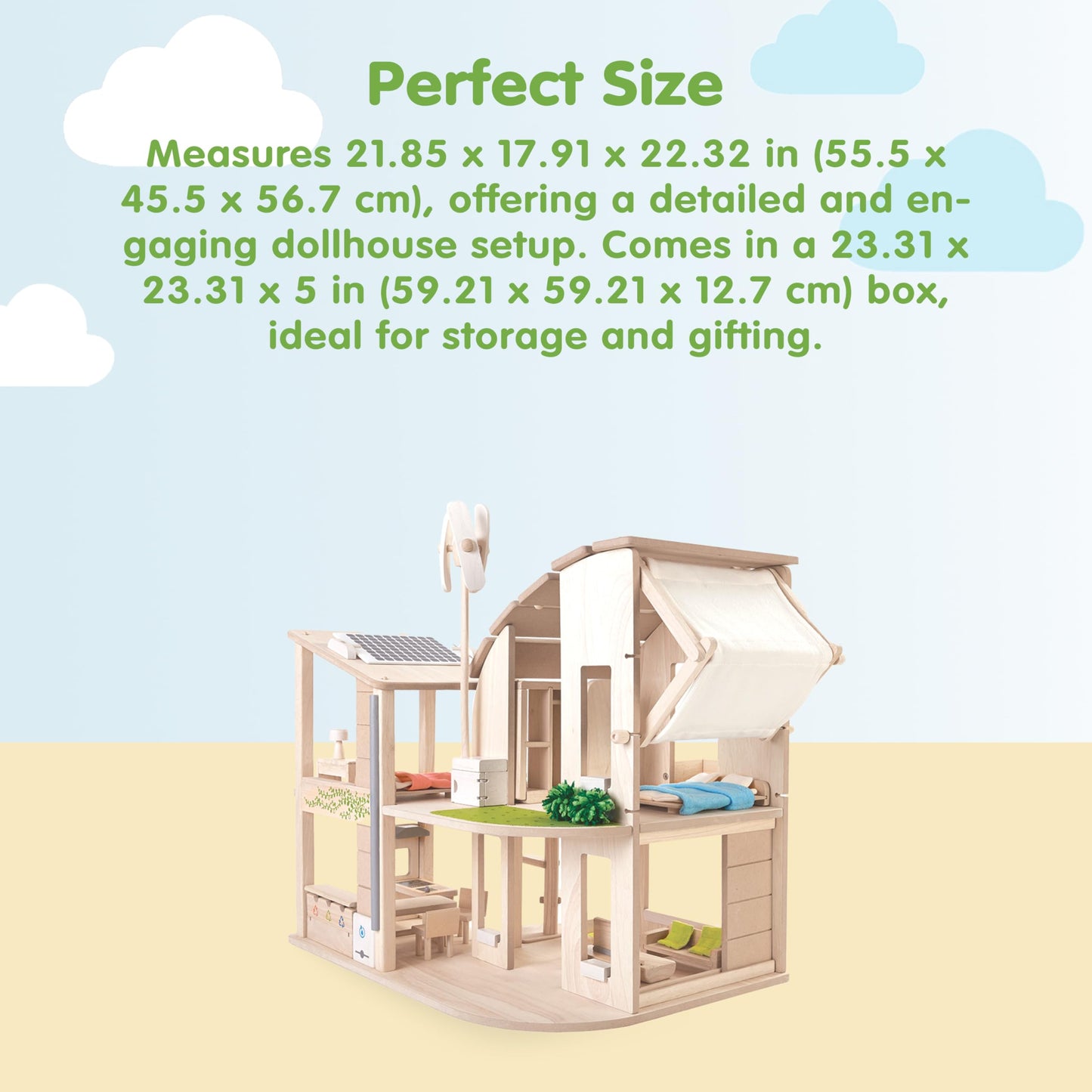 PlanToys® Green Wooden Dollhouse with Furniture | Eco Friendly Doll House with Solar Panel, Wind Turbine & Recycling System | Pretend Play Dollhouse for Sustainable Living Role Play