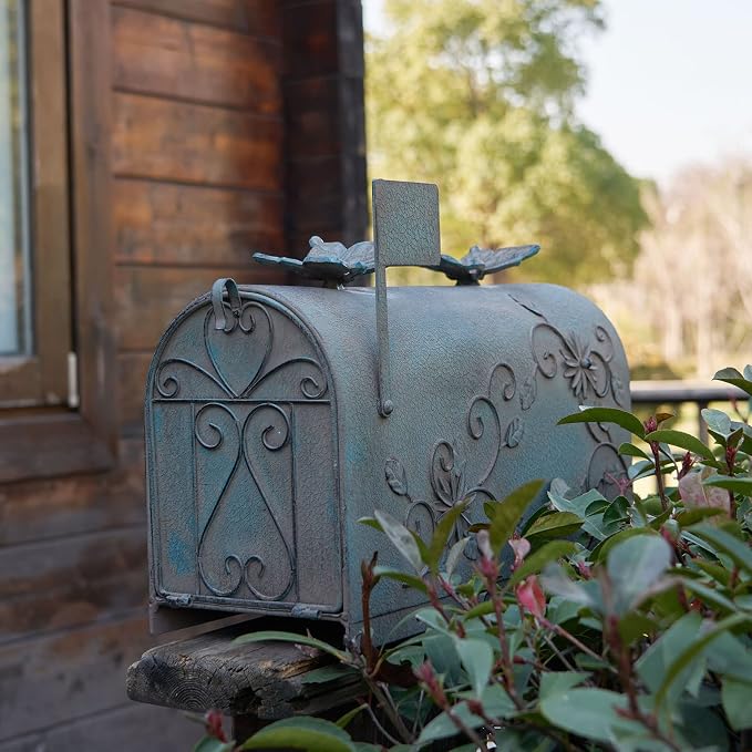 Heavy Duty Galvanized Steel Mailbox Post, Rural Mail Box Postal Storage Box with Butterfly Decoration (Vintage Green)