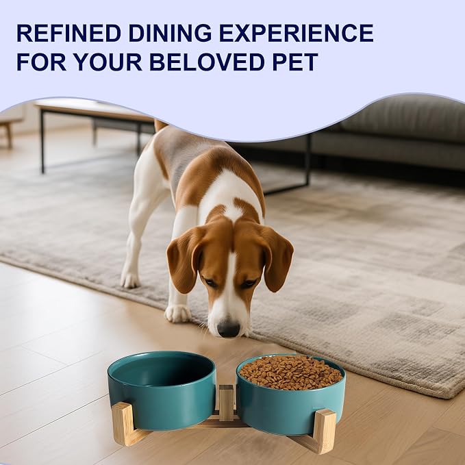 Ceramic Dog and Cat Bowls with Wooden Stand, Modern Design Pet Food and Water Dishes Set for Medium and Large Dogs, Non-Slip Feeding Station with Weighted Base, Green, 28.7 oz - Set of 2