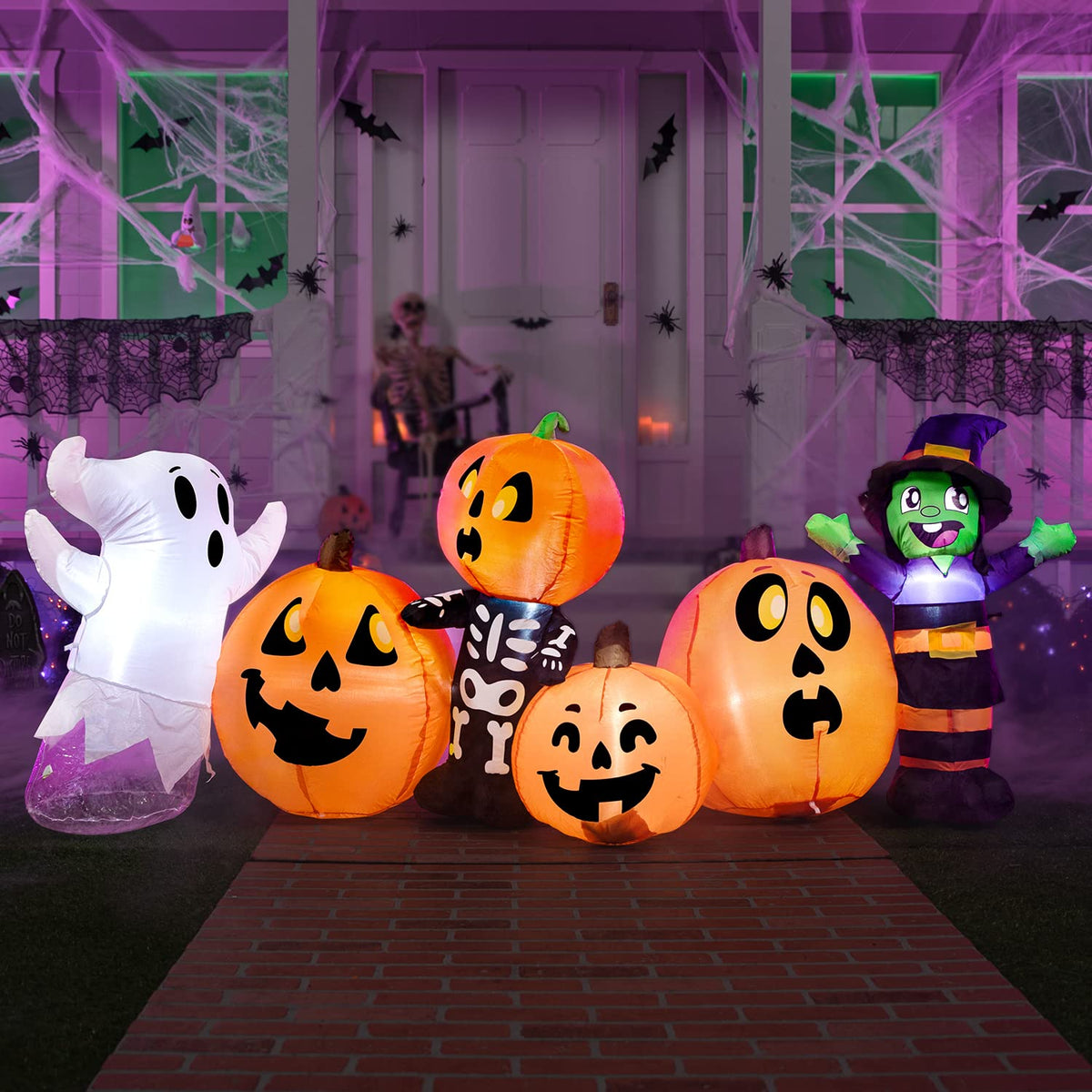 Joiedomi 8 ft Long Halloween Inflatable Three Characters and Pumpkin Patch Outdoor Decoration, Blow Up Inflatables Witch Ghost Skeleton Yard Decorations with LEDs for Party Yard Lawn Garden Decor