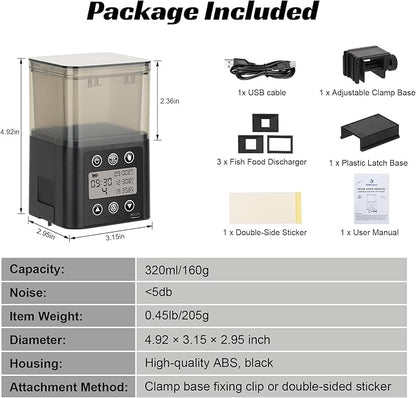 Smart Automatic Fish Feeder for Aquarium - [2025 Upgraded] 320ml Large Capacity & USB Rechargeable Fish Feeder Automatic Dispenser with LCD Display, Programmable Timer for Frequency & Portion Control