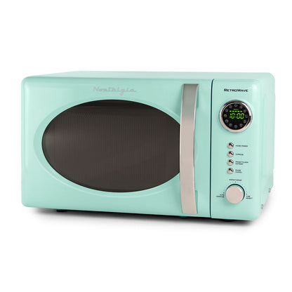 Nostalgia Retro Microwave Oven - 0.7 Cu Ft, 700-Watt Countertop Size with Glass Turntable, Child Safety Lock, 8 Auto-Cook Programs, Digital Clock - Aqua
