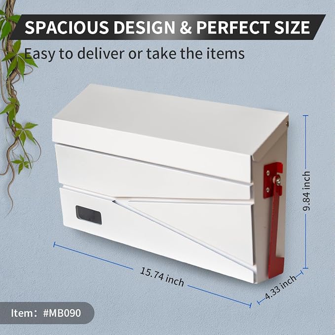 Ydocabinit Wall Mount Mailbox, Large Capacity Mailbox for House, with Flag, Visibility Galvanized Steel Rust-Proof Metal Post Drop Box, Mailboxes for Outside 15.74"×9.84"×4.33" Solar Lanterns White