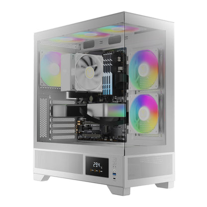 GAMDIAS White Mid Tower Gaming Computer Case w/Display& App, ATX Tempered Glass PC Case, Built-in 3x120mm ARGB PWM Fans, Up to RTX GPU/VGA 410mm & 360mm AIO/Radiator & 6x120mm Fans & 160mm CPU Cooler