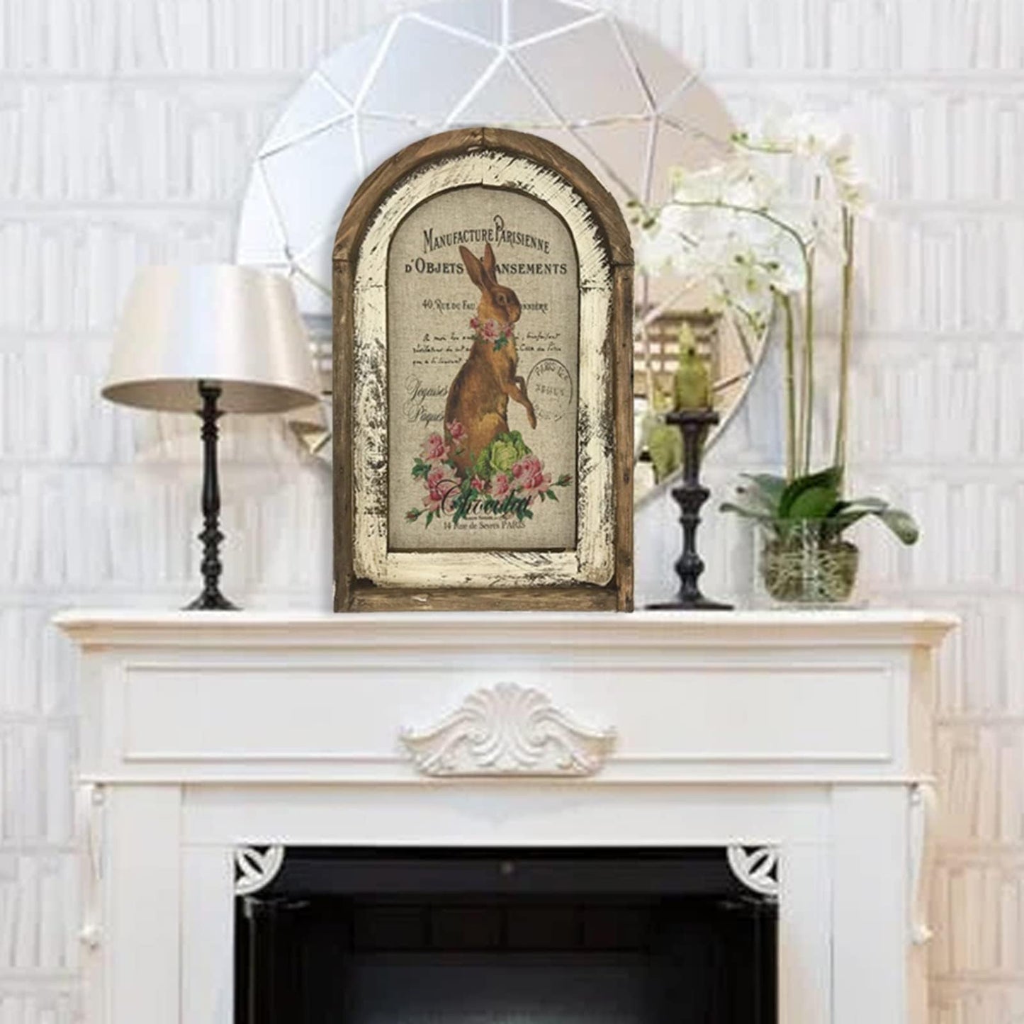Smaroll Large Rustic Easter Decorations Rabbit Painting with Wooden Arched Frame Farmhouse Decoration Hanging Plaque Bunny Photo Sign Pediments,11 x 16.6 inch