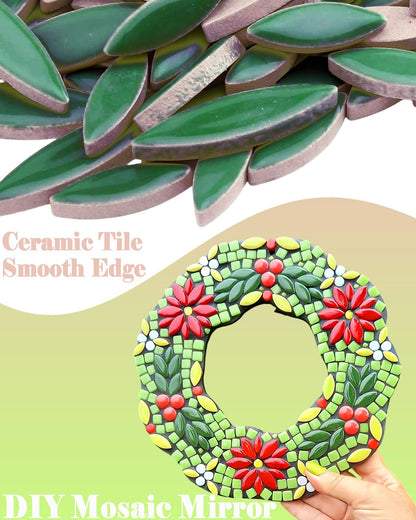 200g Ceramic Petals Bulk Mosaic Tiles for Craft, Small Oval Stepping Stone Kit, Glazed Porcelain Pieces for Coaster Tray House Number Mirror Lamp Home Decorations (Sage Green)