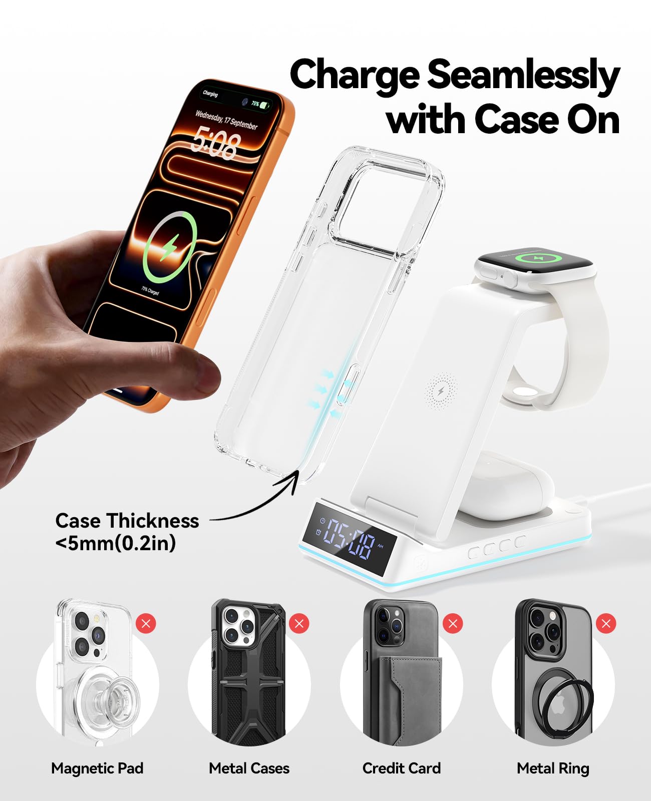 2026 Upgraded Wireless Charging Station, 7 in 1 Wireless Charger Station Foldable Charger Stand with Night Light/Alarm Clock for iPhone 17-12 Pro Max Plus, Apple Watch, AirPods Gifts for Fathers Day