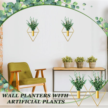 Canlierr 2 Pieces Gold Wall Decor Hanging Planters with Artificial Plants Metal Vase Indoor Plants Holder Modern Geometric Wall Art for Home Bathroom Bedroom Living Room Office(Eucalyptus,Medium)