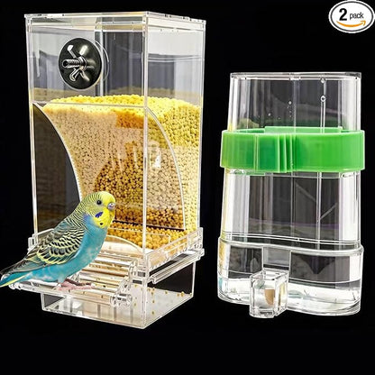 Automatic No Mess Bird Feeder Water Dispenser Set, Acrylic Transparent Parakeet Cage Accessories Bird Feeder and Waterers in Cage for Small and Medium Cockatiels, Finches, Lovebirds