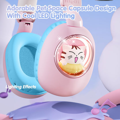 esonstyle Kids Headphones Cat Ear - Bluetooth 5.4 Over-Ear Noise Cancelling Headphones with Microphone LED Lights Up 85dB Safe Volume Limit Wireless or 3.5mm Wired USB C(Pink Blue)